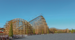 tall wooden roller coaster with flags