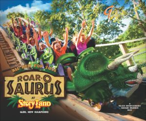 artist rendering of dinosaur themed wooden roller coaster train