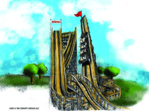 artist's rendering of wooden shuttle roller coaster