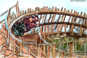 artist's rendering of wooden shuttle roller coaster